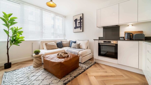A modern living room with a sofa, ottoman, and a potted plant. - Stylish Chester City Apartment (Chester)