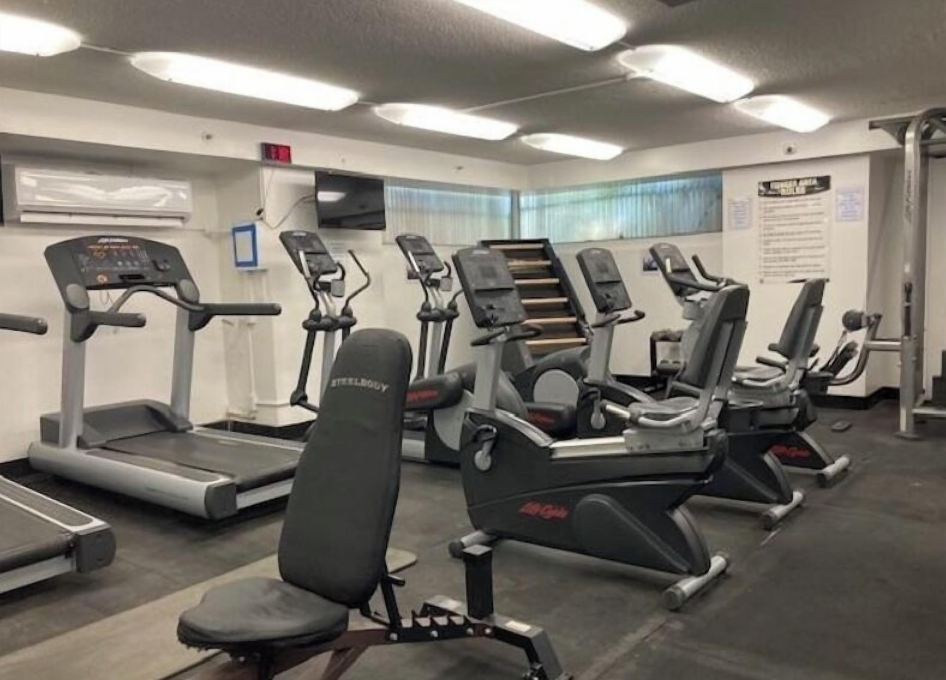 A gym with treadmills, elliptical machines, and weight benches.