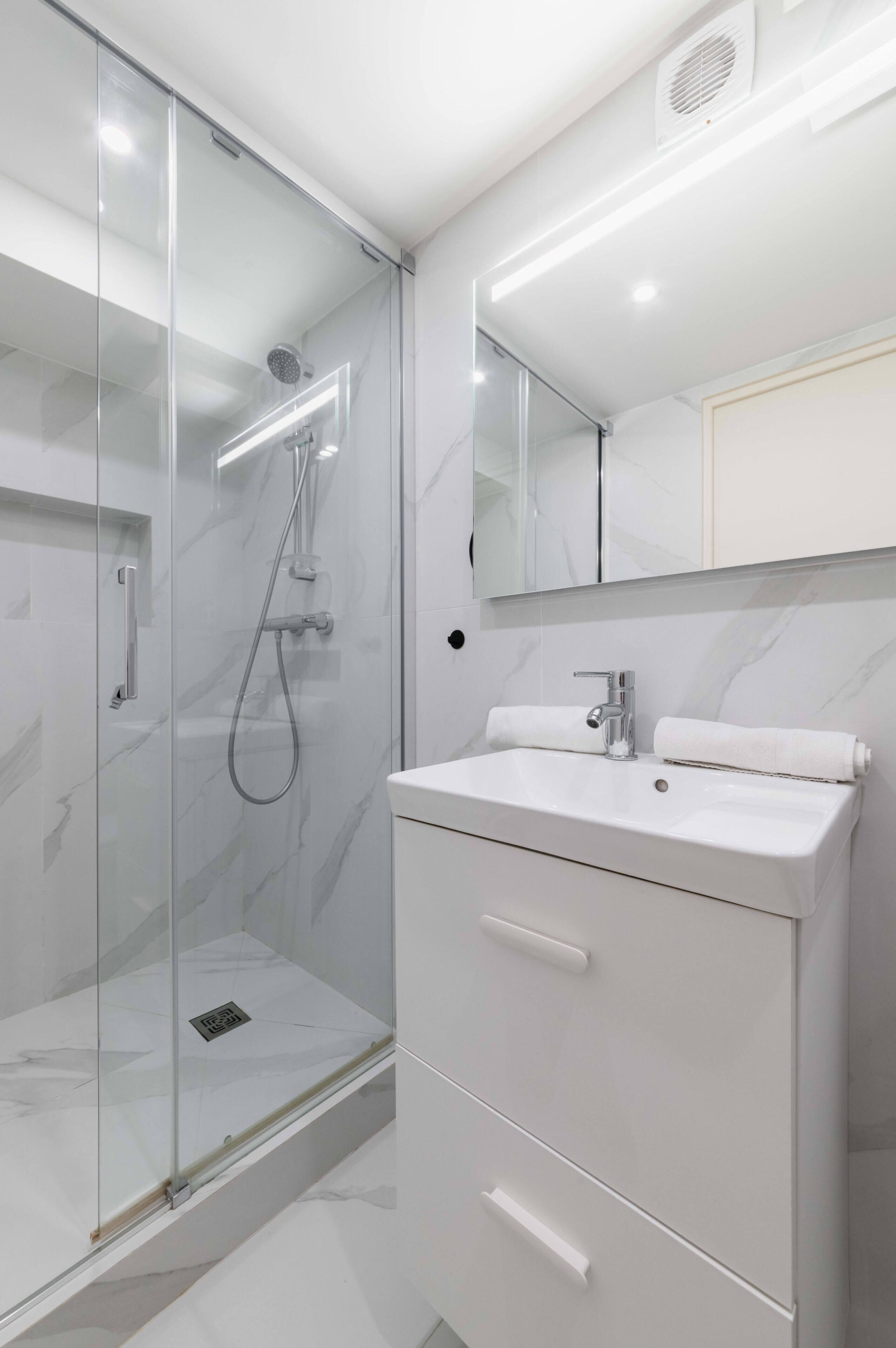 Shower, hair dryer, towels, shampoo