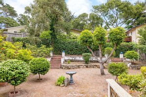 Stroll through a serene garden area surrounded by trees and shrubs, a birdbath, and a stone pathway.