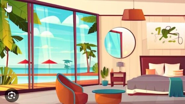Um quarto moderno com uma janela grande, uma cama, uma cadeira suspensa e um espelho redondo.