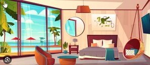 A modern bedroom with a large window, a bed, a hanging chair, and a round mirror.