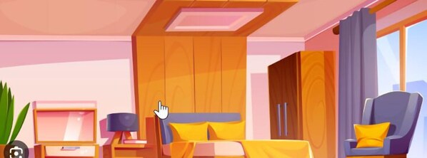 A modern bedroom with a bed, a chair, a desk, and a wardrobe.