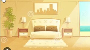 Um quarto com cama, mesas de cabeceira, escrivaninha, cadeira, uma janela grande com vista para o mar e duas plantas em vasos.