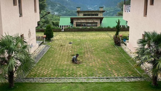 Une cour où une personne est assise sur l’herbe, entourée de deux bâtiments aux toits végétalisés, avec une vue sur des montagnes en arrière-plan.