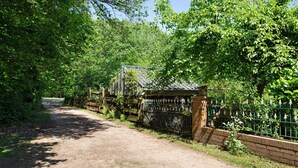 Une route de campagne bordée d’une végétation luxuriante et d’un mur de briques surmonté d’un portail en métal.