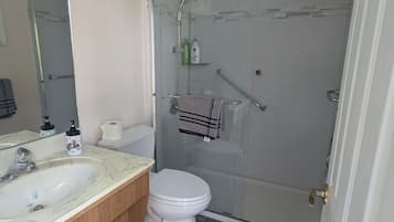 Shower, hair dryer, towels, soap