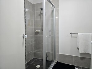 Hair dryer, towels, soap, toilet paper