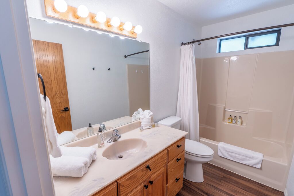 Un baño con tocador, lavabo, espejo y zona de ducha.