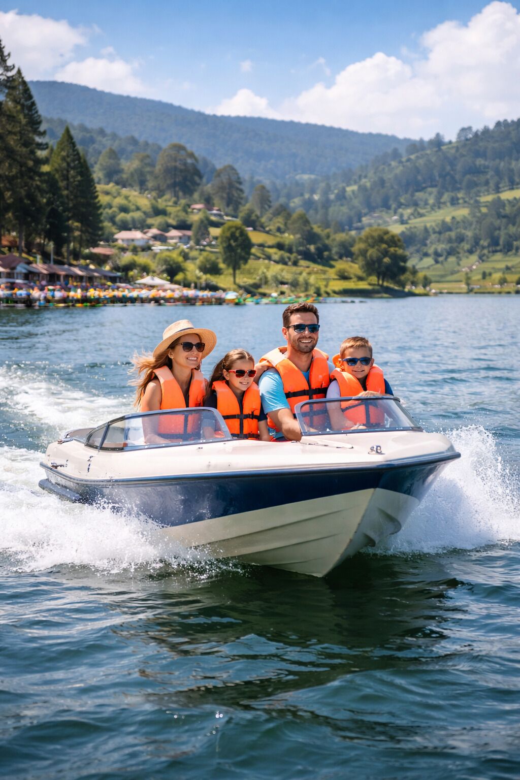Un bote con cuatro personas usando chalecos salvavidas, navegando por un lago con una ladera boscosa al fondo.