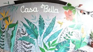 Paredes com um mural de plantas tropicais e o texto "Casa Bella".