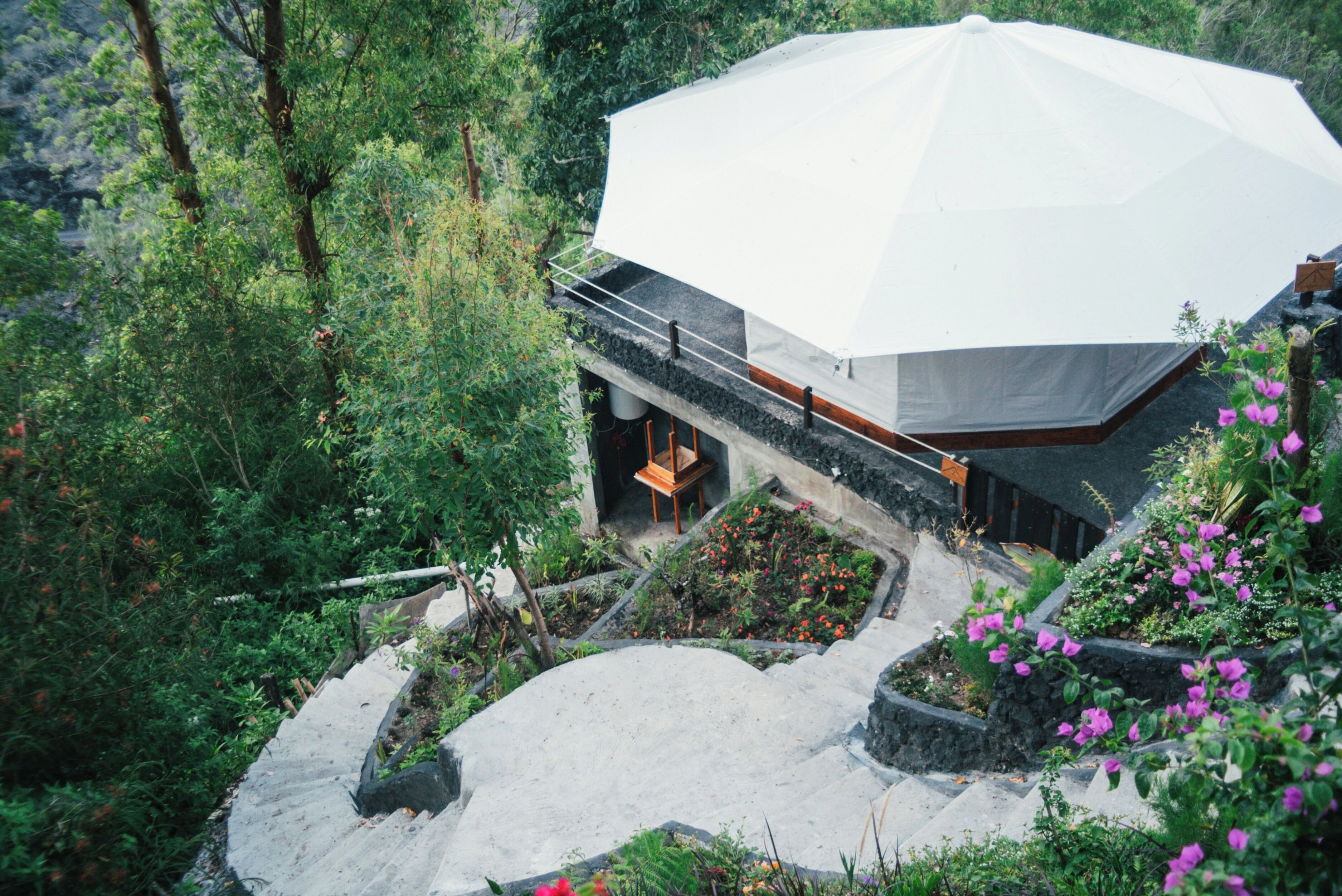 A modern building with a large white umbrella-like structure, surrounded by lush greenery and a garden with various plants and flowers.