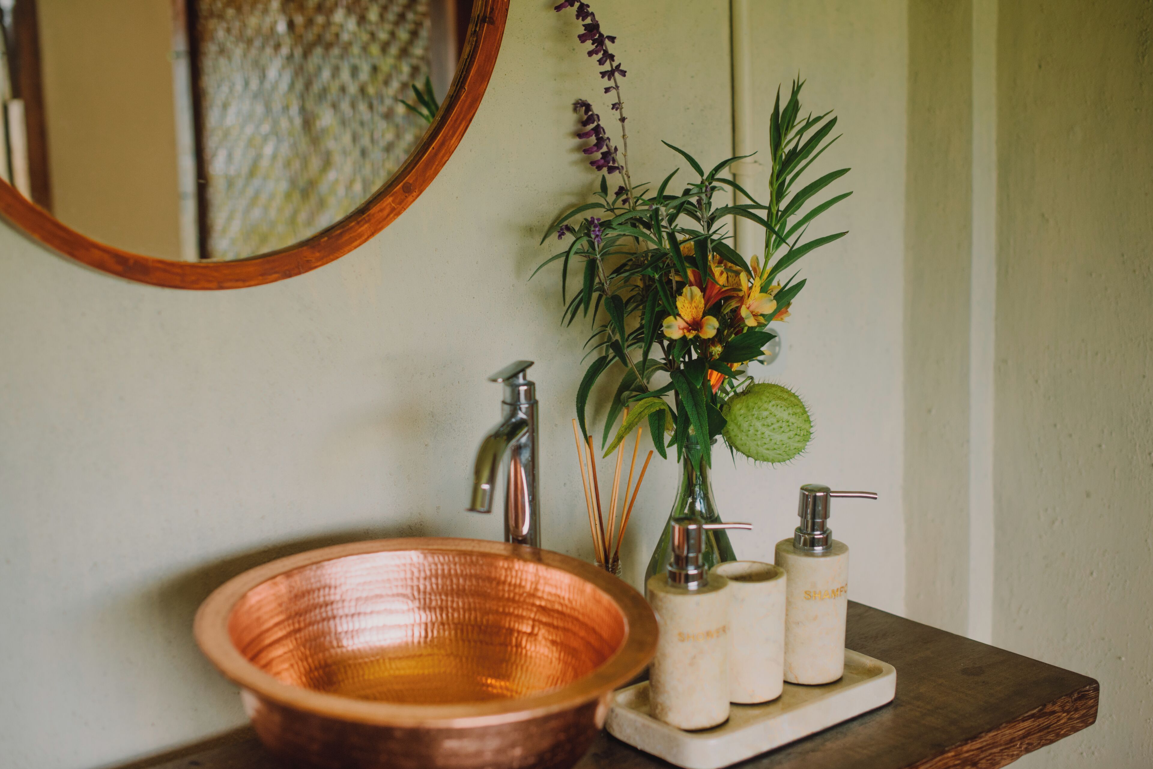 A bathroom with a copper sink, a mirror, a plant, and two bottles of shampoo.