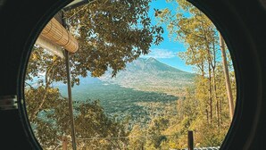 A view through a window with a metal frame, overlooking a landscape with trees and a mountain in the distance. - Alam Caldera Camp & Resto  (Kintamani)