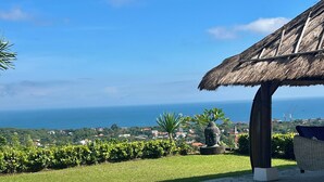 A swimming pool with a clear view of the ocean and a thatched roof structure.