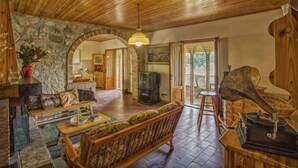 A cozy living room with a fireplace, wooden furniture, and a stone wall. - Lovely apartment for 6 guests with pool, WIFI, veranda and panoramic view, close to San Gimignano (Montaione)