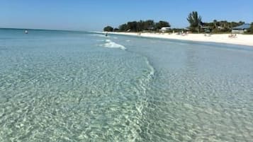Ein Strand mit klarem, flachen Wasser, einem sandigen Ufer und einigen Gebäuden im Hintergrund.