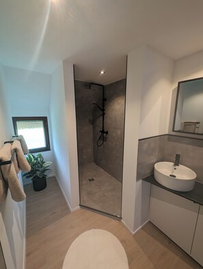 Bathroom features a glass-enclosed shower, handheld showerhead, and wall-mounted faucet.