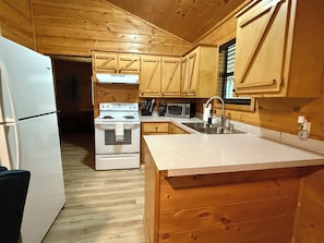 Fridge, microwave, oven, coffee/tea maker