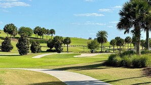 A golf course with a winding path, palm trees, and a clear blue sky.