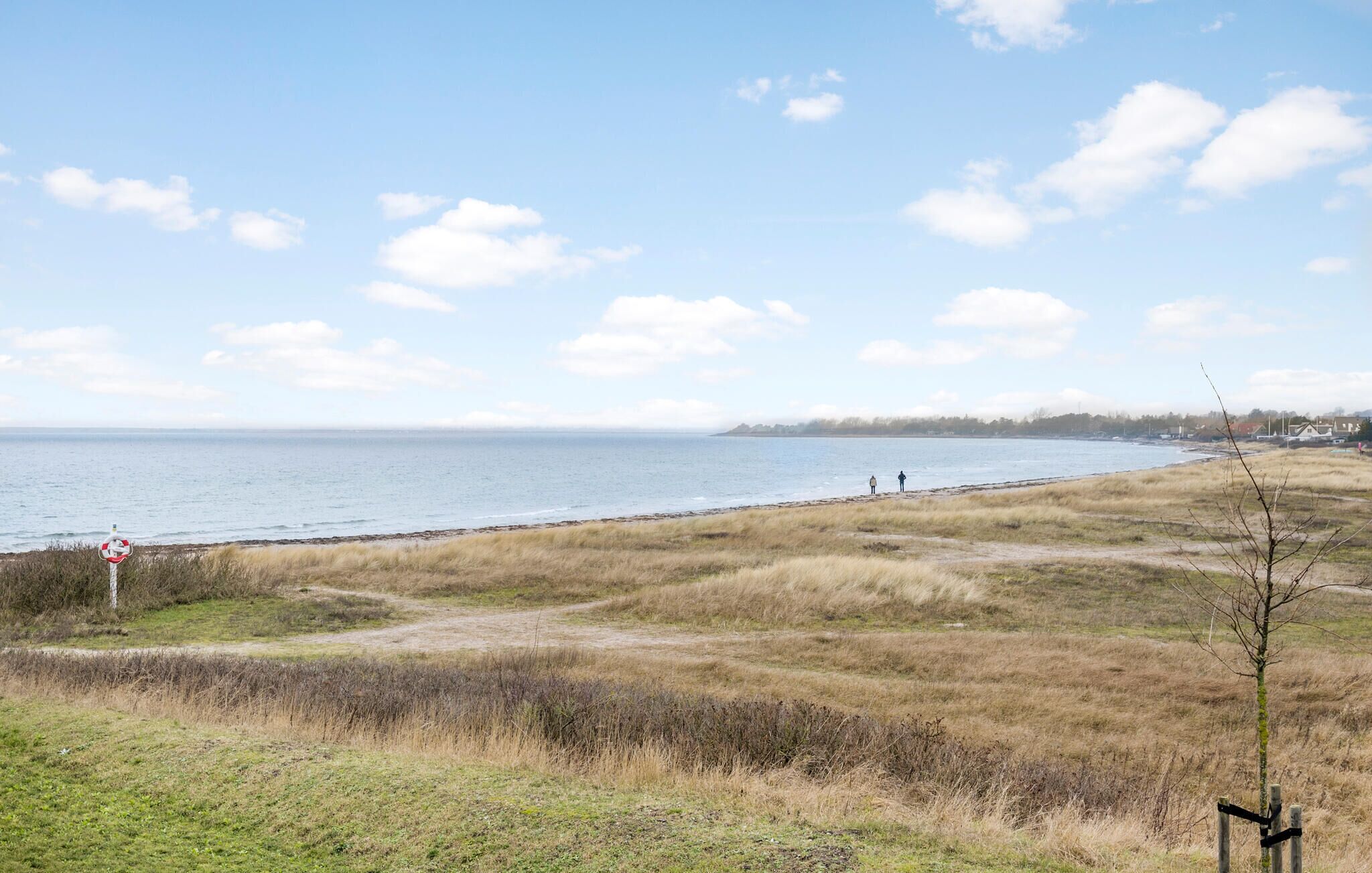 A coastal landscape with a clear sky, a lifebuoy sign, and a distant shoreline.