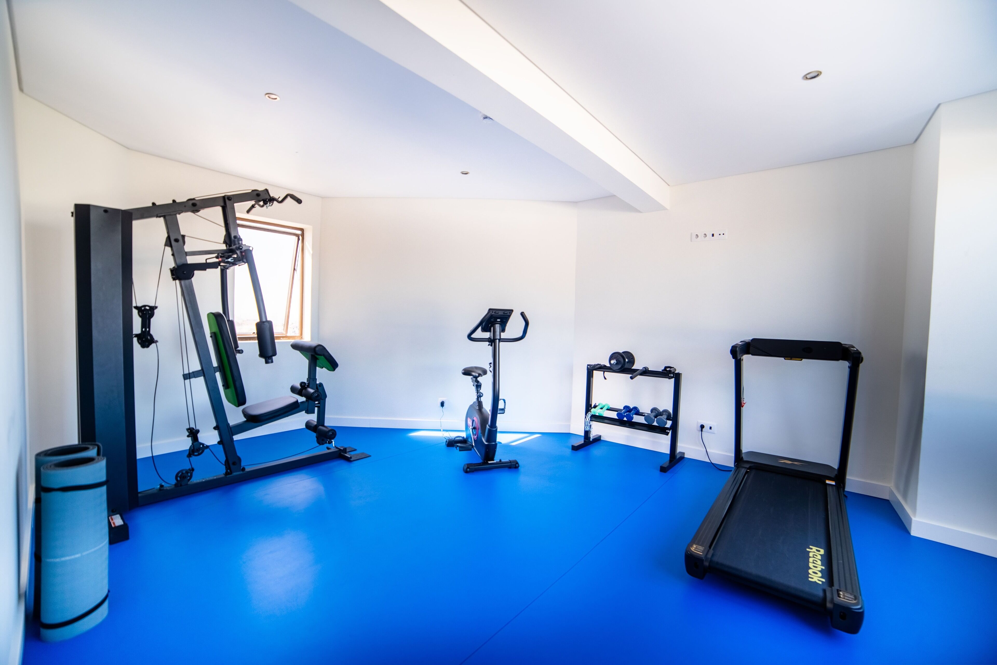 A home gym with a treadmill, stationary bike, and weight machine.