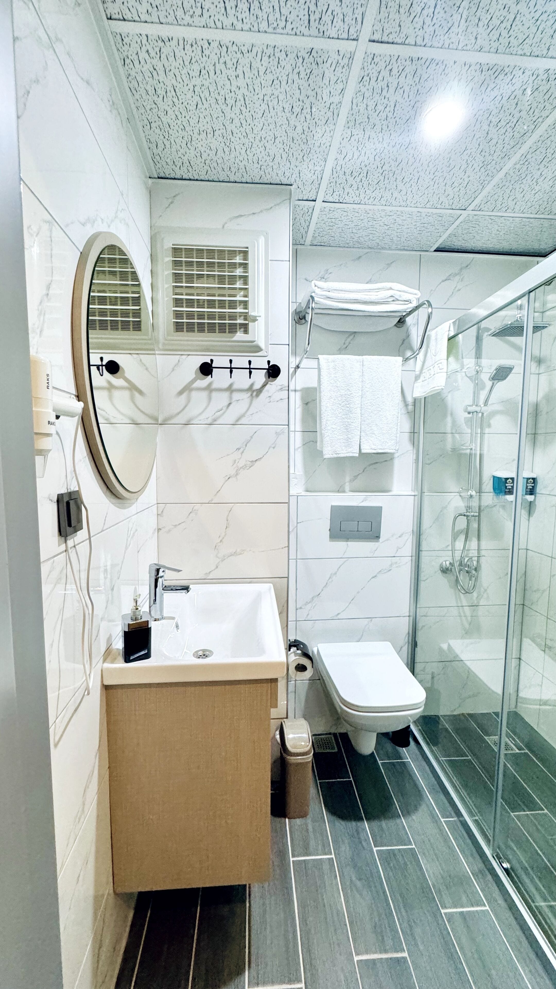 A modern bathroom with a marble sink, a toilet, a shower, and a mirror.