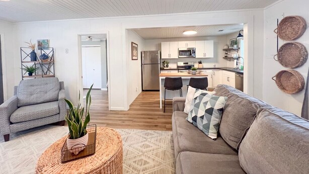A living room with a sofa, a coffee table with a plant, and a dining area with chairs.