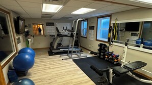 Une salle de sport équipée de matériel d’exercice, dotée d’un plancher en bois et d’un miroir.