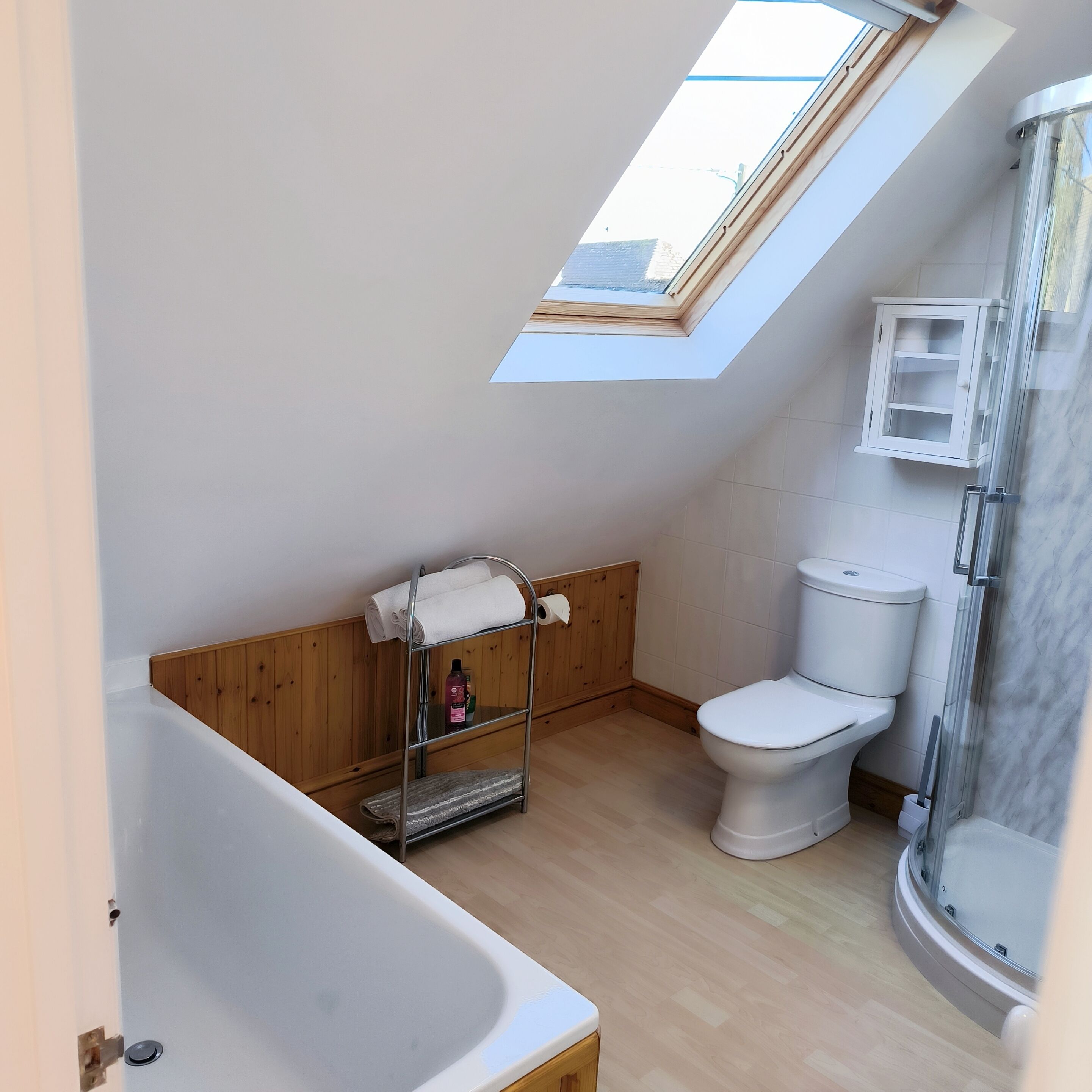 A compact bathroom with a skylight, a toilet, a bathtub, and a shower.