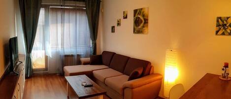 Un salon confortable avec un canapé, une table basse et un téléviseur posé sur un meuble.