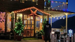 A building with a balcony, a Christmas tree, and string lights. - The Mystic Pines (Nainital)