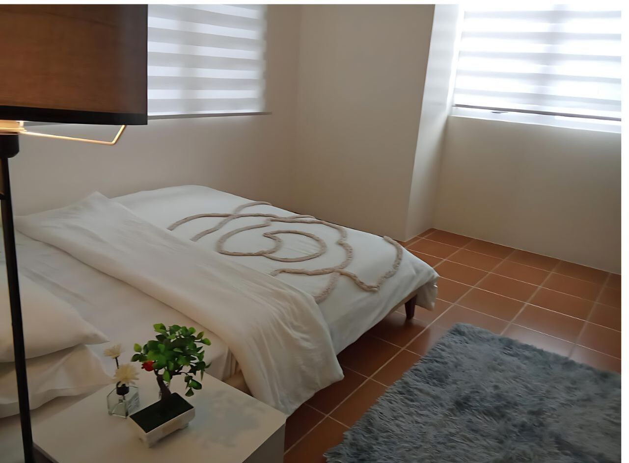 A bedroom with a bed, a bedside table with a lamp, a small plant, and a rug.