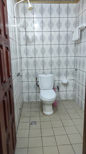 Douche, bidet, serviettes fournies, savon