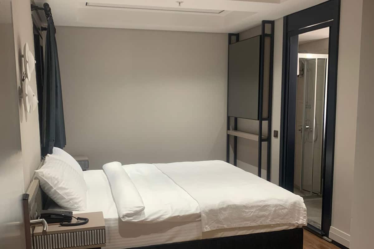 A modern bedroom with a bed, a bedside table, a wardrobe, and a shower area.