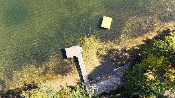Vista aérea de un muelle que se adentra en un lago tranquilo, rodeado de árboles.