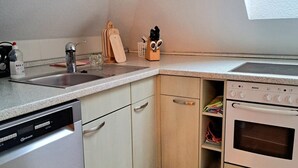 A compact kitchen with a dishwasher, oven, and a small countertop area. - Geräumige Ferienwohnung "dresdner Stadt-terrasse" für 5 Erw., Kinder Willkommen (Dresden)