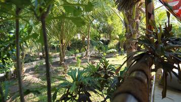 A lush garden with various tropical plants and trees, a thatched roof structure, and a paved pathway.