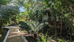 Un chemin bordé de gravier et délimité par un trottoir blanc, qui traverse un jardin luxuriant où poussent diverses plantes tropicales, avec une structure en bois en arrière-plan.