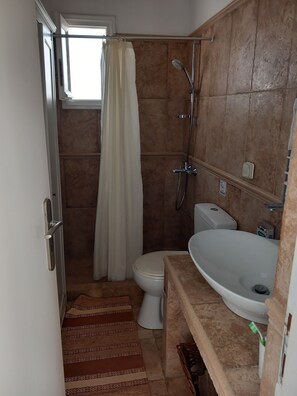 Bathroom features a shower enclosure, toilet, and sink with mirror.