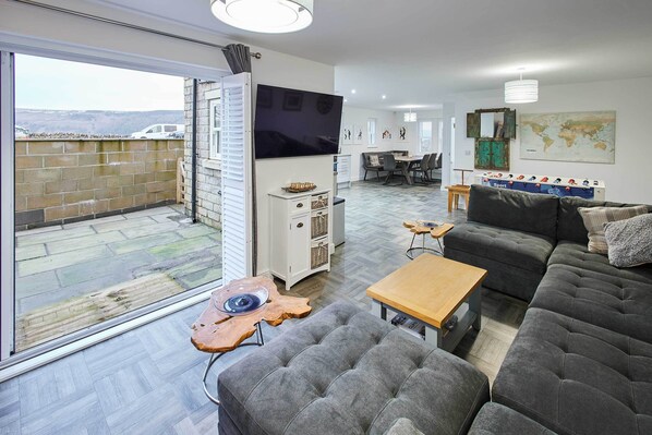 TV, DVD player, foosball, offices