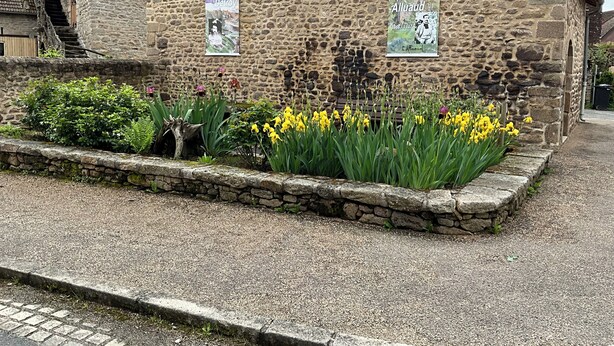 A stone building with posters, a garden with yellow flowers, and a cobblestone path.