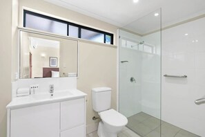 Shower, hair dryer, shampoo