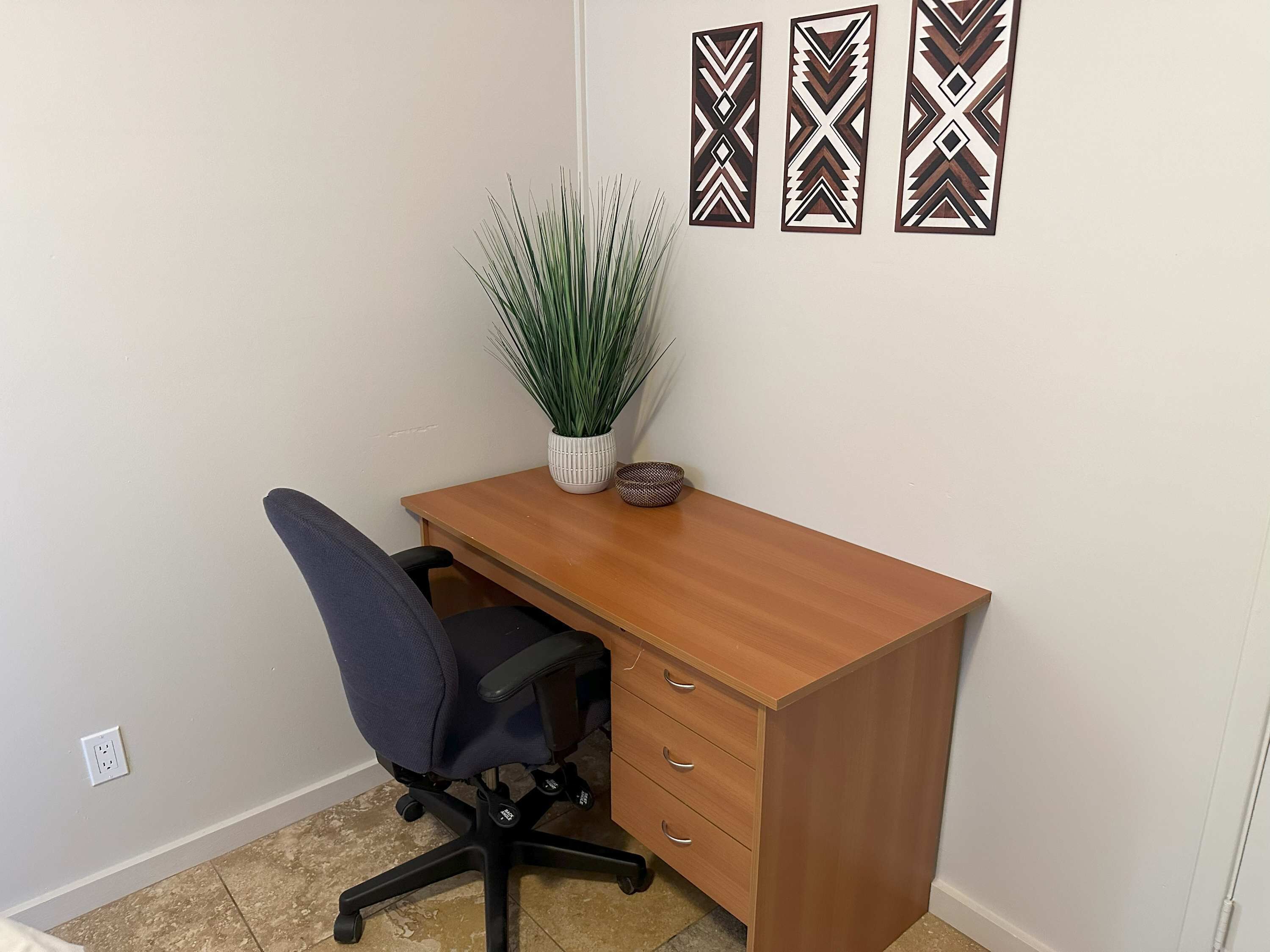 A wooden desk with a black office chair, a potted plant, and three decorative wall panels.