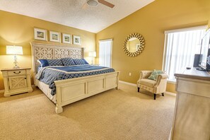 5 habitaciones, tabla de planchar con plancha y ropa de cama