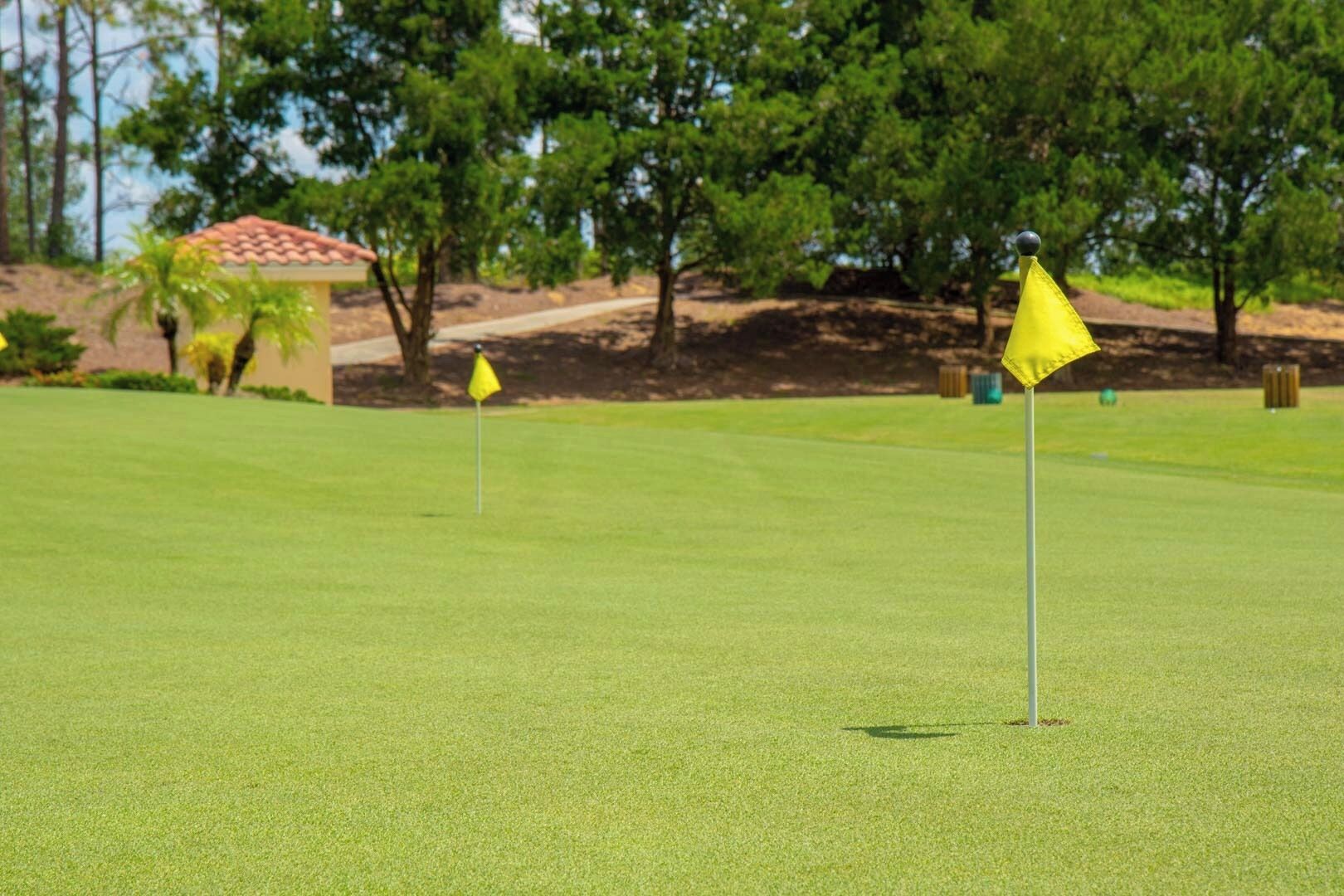 A golf course with two yellow flags marking the holes, surrounded by trees and a small building in the background.