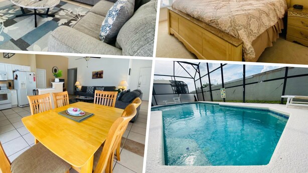 A living room with a sofa, coffee table, and TV. It also includes a bedroom with a bed and a bathroom with a bathtub. - Mike's Southern Dunes Vacation Home (Haines City)