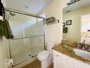 A bathroom with a glass-enclosed shower, a white toilet, a granite countertop sink, and a mirror above the sink.