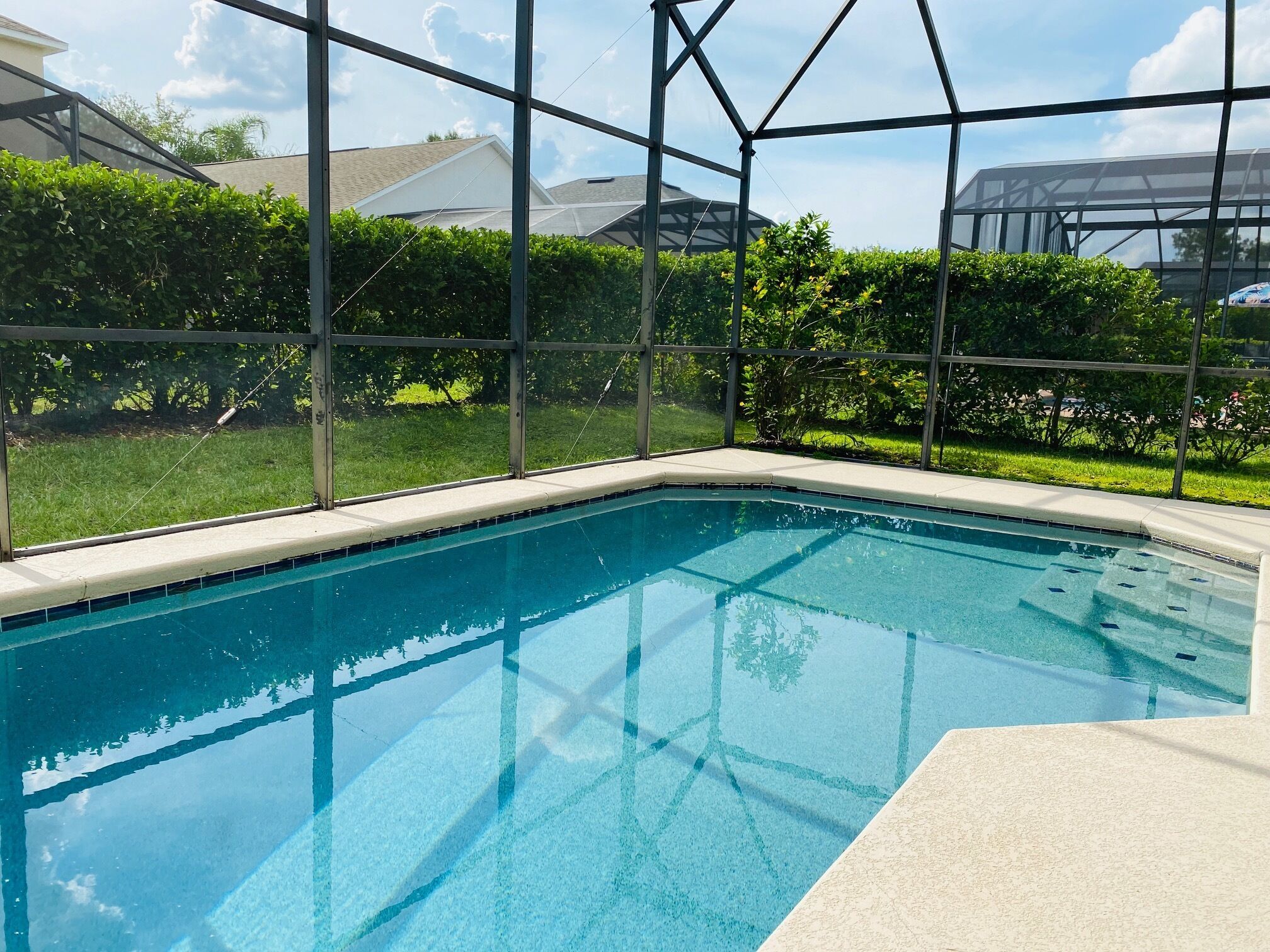 A swimming pool with a glass enclosure, surrounded by greenery and houses.