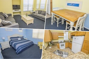 3 habitaciones, tabla de planchar con plancha y ropa de cama 